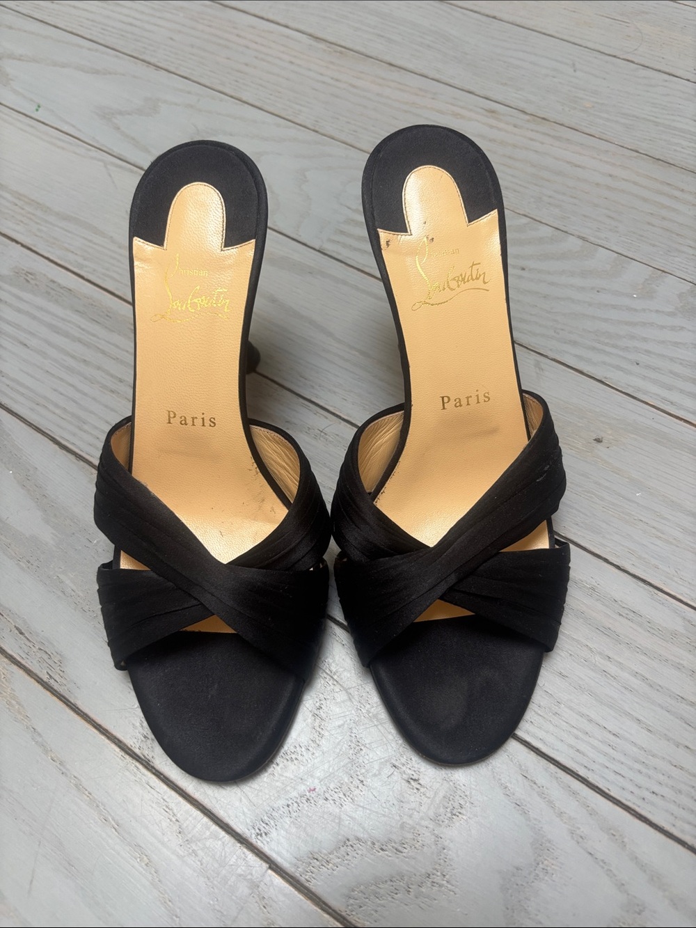 Christian Louboutin Black Satin Crisscross Slide Heels